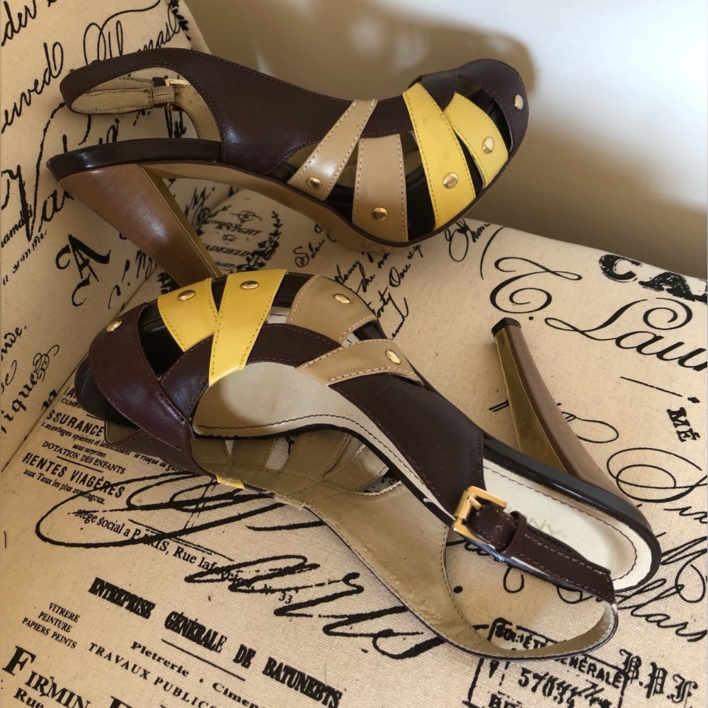 EUC;Heels; Andrea; Brown,Yellow & Taupe;Slingback; Peep Toe; Ankle Strap; Rivets